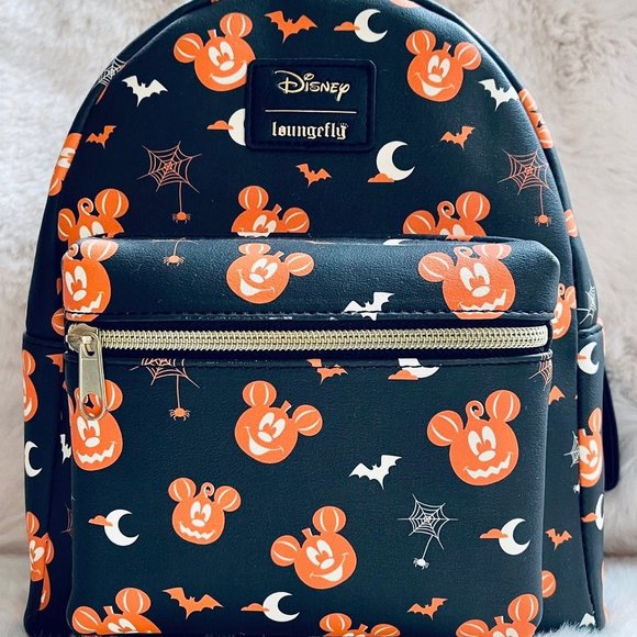 NWT Loungefly Disney Mickey Mouse Face Pumpkin AOP Halloween Bat Spider Web Moon - Picture 1 of 5